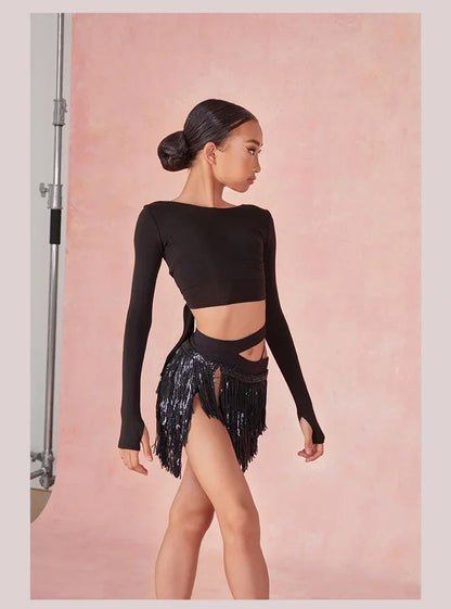 Conjunto de dança latina juvenil – top + saia com franjas