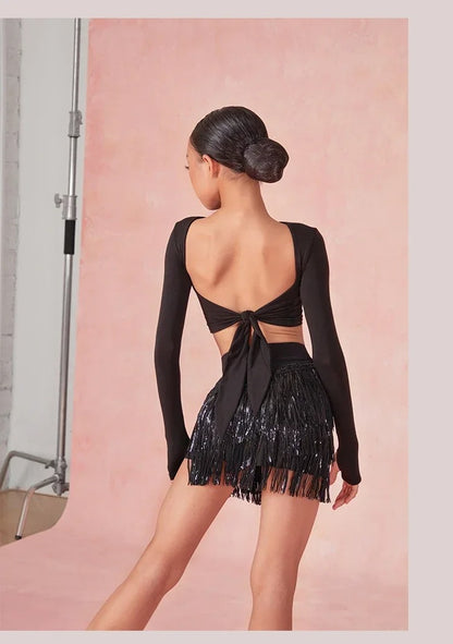 Conjunto de dança latina juvenil – top + saia com franjas