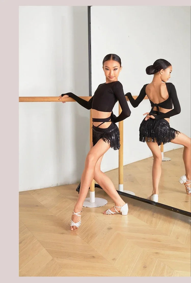 Conjunto de dança latina juvenil – top + saia com franjas
