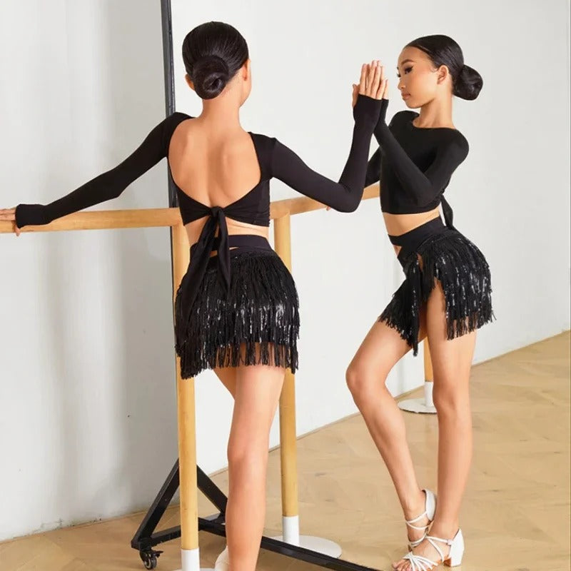 Conjunto de dança latina juvenil – top + saia com franjas