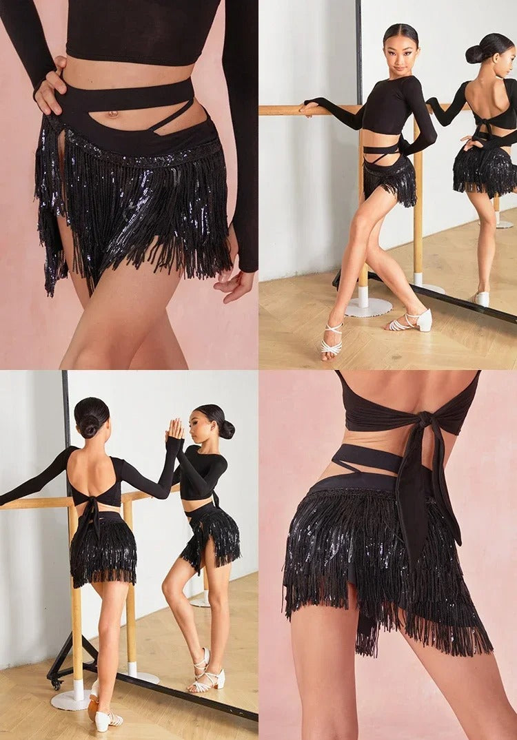 Conjunto de dança latina juvenil – top + saia com franjas