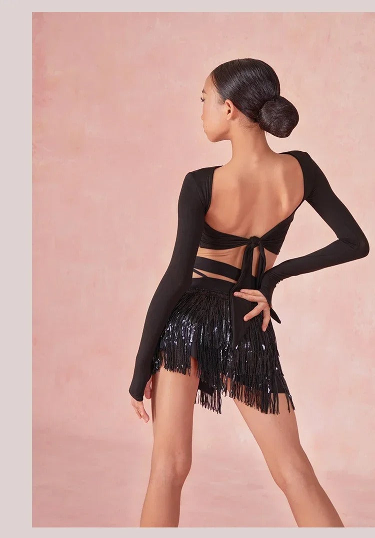 Conjunto de dança latina juvenil – top + saia com franjas