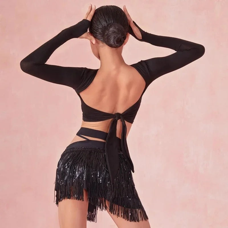 Conjunto de dança latina juvenil – top + saia com franjas