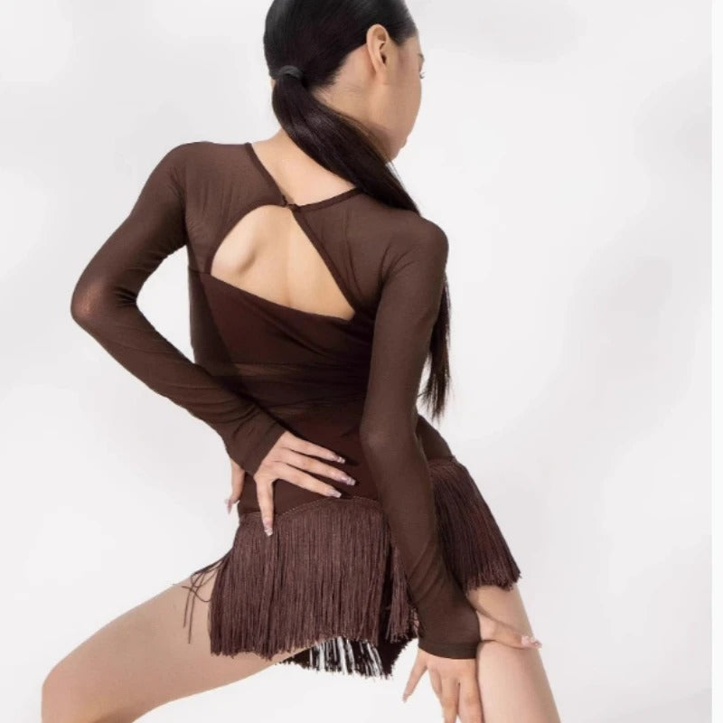 Body de Dança Latina com Mangas Longas e Franjas – Marrom Chocolate