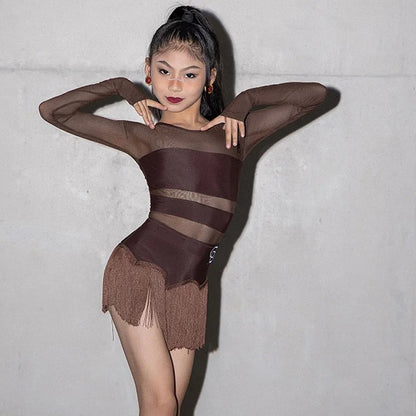 Body de Dança Latina com Mangas Longas e Franjas – Marrom Chocolate