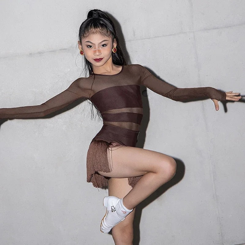 Body de Dança Latina com Mangas Longas e Franjas – Marrom Chocolate