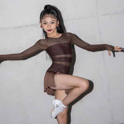 Body de Dança Latina com Mangas Longas e Franjas – Marrom Chocolate