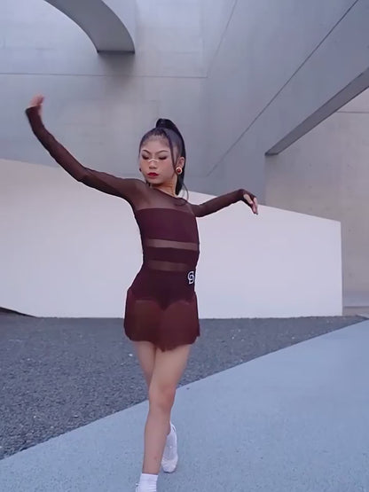 Body de Dança Latina com Mangas Longas e Franjas – Marrom Chocolate